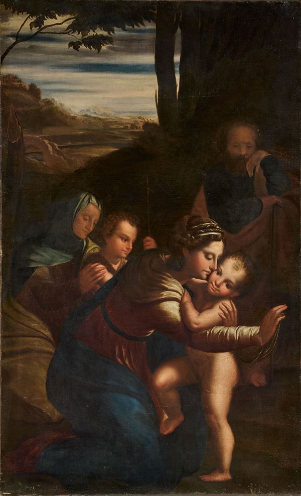 Scuola emiliana del XVII secolo - Sacra Famiglia con San Giovannino e Sant'Anna