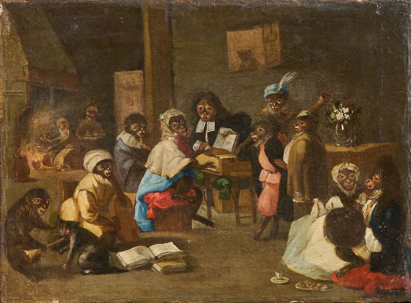 Scena di interno con scimmie