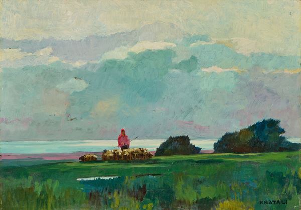 Renato Natali : Gregge di pecore  - Olio su tavola - Auction XIX and XX Century Paintings and Sculptures - Casa d'aste Farsettiarte