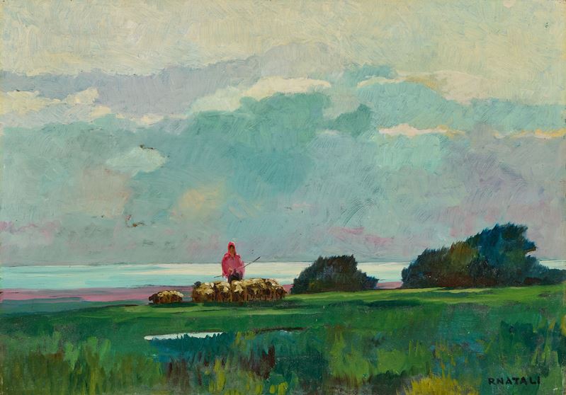 Renato Natali - Gregge di pecore, olio su tavola