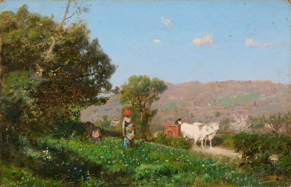 Pietro Senno : Figura nel paesaggio  - Olio su cartone - Asta Dipinti e Sculture del XIX e XX secolo - Casa d'aste Farsettiarte