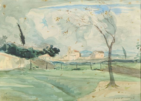 Raoul Dal Molin Ferenzona : Giornata di vento  (1928)  - Acquerello su carta - Asta Dipinti e Sculture del XIX e XX secolo - Casa d'aste Farsettiarte