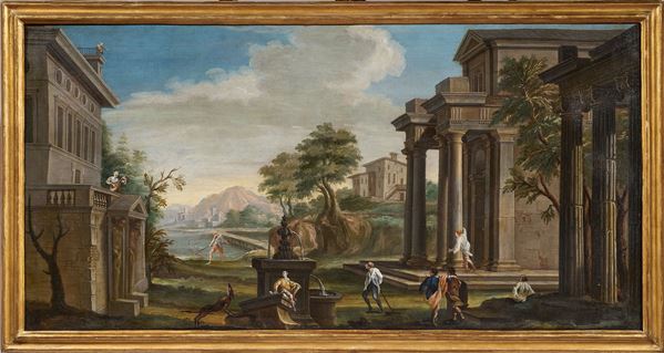 Marco Ricci (bottega di) : Capriccio architettonico con rovine  - Olio su tela - Asta Importanti Dipinti Antichi - Casa d'aste Farsettiarte