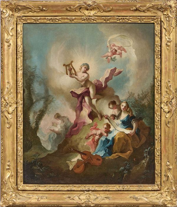 Mauro Picenardi (attr. a) : Allegoria della Musica con Apollo citaredo  - Olio su tela - Asta Importanti Dipinti Antichi - Casa d'aste Farsettiarte