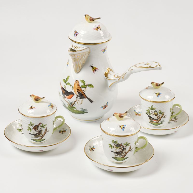 Herend "Rothschild bird" cioccolatiera e tre tazze con piatto in porcellana