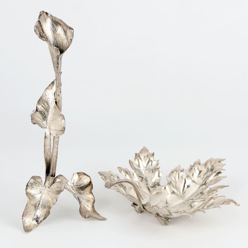 Vaso monofiore e foglia in argento