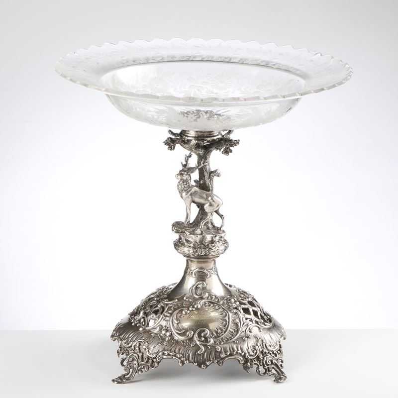 Alzata centrotavola in argento e vetro molato