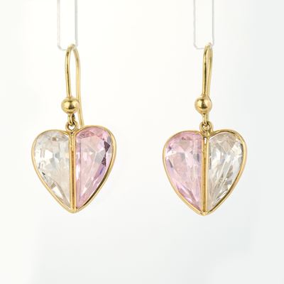 Orecchini pendenti a cuore, oro giallo 18 kt con pietre bianche e rosa