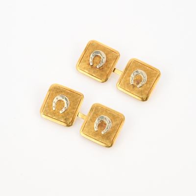 Gemelli quadrati in oro 18 kt (oro giallo e bianco) con ferro di cavallo