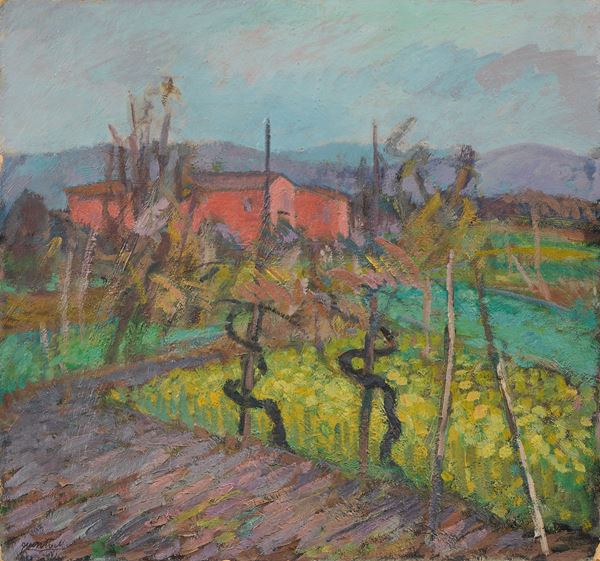 Quinto Martini : Paesaggio a Seano  - Olio su cartone - Asta Dipinti e Sculture del XIX e XX secolo - Casa d'aste Farsettiarte