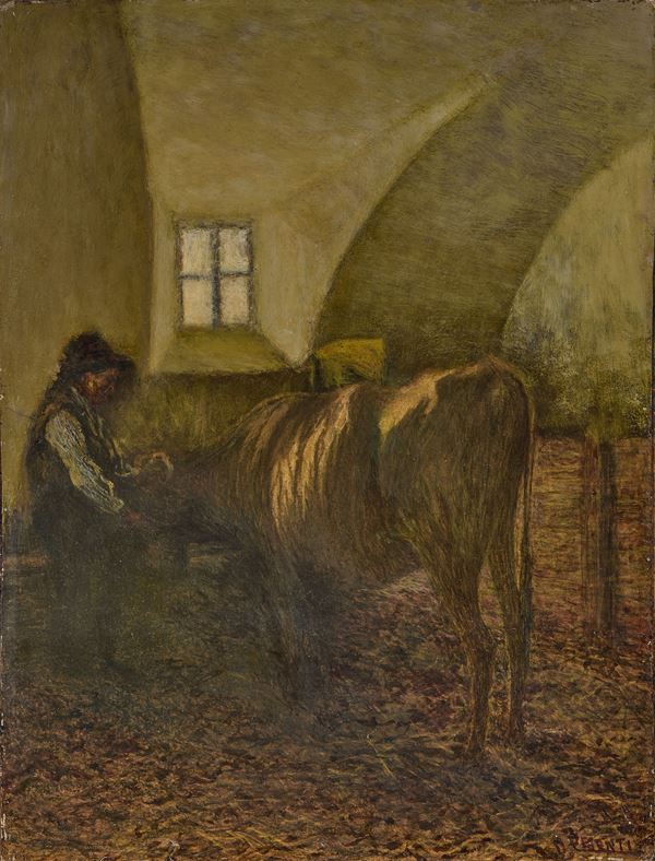 Domenico Pesenti : Interno di stalla  - Olio su cartone applicato su telaio di supporto - Asta Dipinti e Sculture del XIX e XX secolo - Casa d'aste Farsettiarte