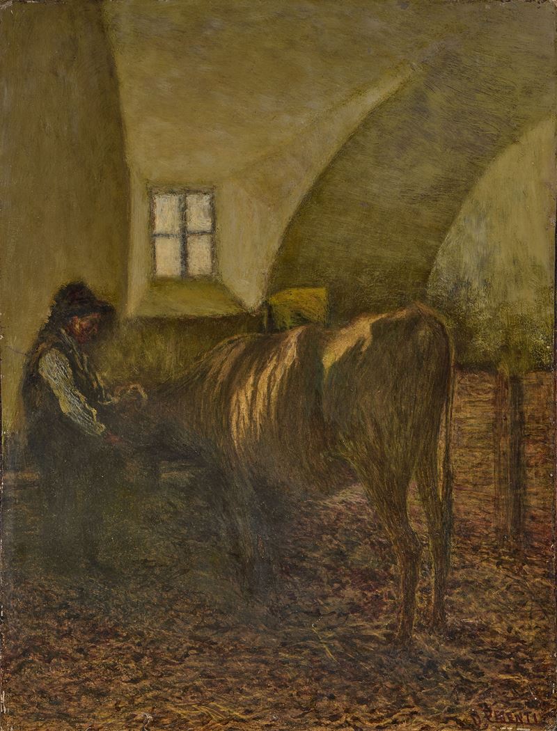 Domenico Pesenti - Interno di stalla, olio su cartone applicato su telaio