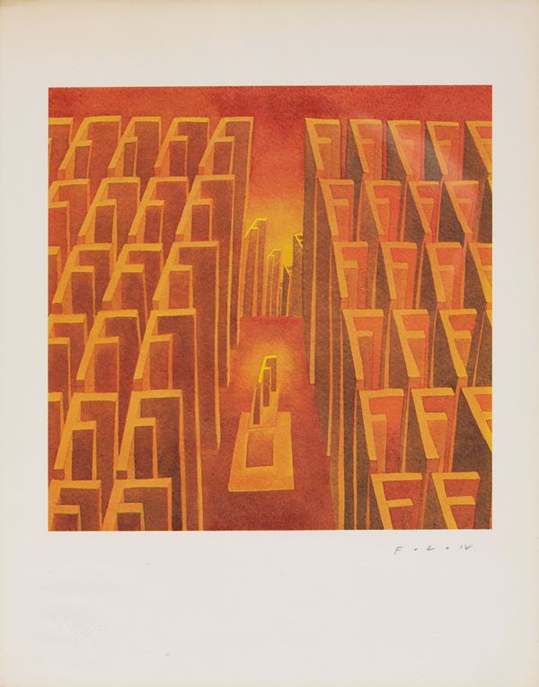 Jean Michel Folon : La lettera F  - Fotolitografia, es. 3510/5000 - Auction Paintings, Drawings, Sculpures and Multiples - Casa d'aste Farsettiarte