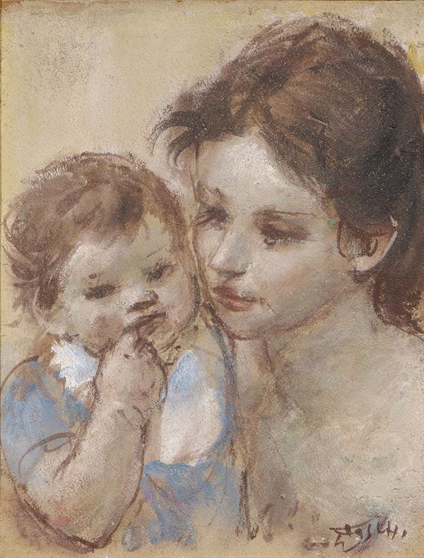 Ermanno Toschi : Madre con bambino  - Tempera su faesite (affresco) - Asta Dipinti e Sculture del XIX e XX secolo - Casa d'aste Farsettiarte