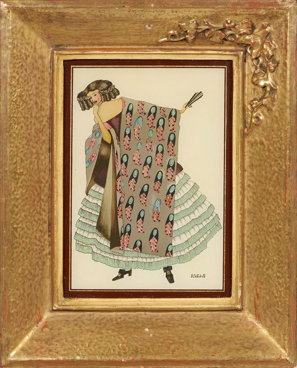 Mela Köhler : Figura femminile  - Pittura su cristallo e foglia oro - Asta Dipinti e Sculture del XIX e XX secolo - Casa d'aste Farsettiarte