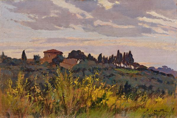 Angiolo Volpe : Campagna livornese, tramonto  (1984)  - Olio su tela tesa su compensato - Asta Dipinti e Sculture del XIX e XX secolo - Casa d'aste Farsettiarte