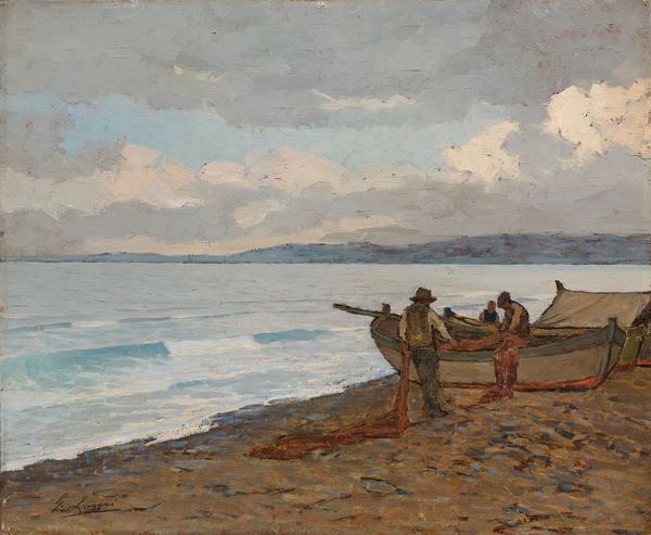 Giovanni Lomi : Pescatori  - Olio su compensato - Asta Dipinti e Sculture del XIX e XX secolo - Casa d'aste Farsettiarte