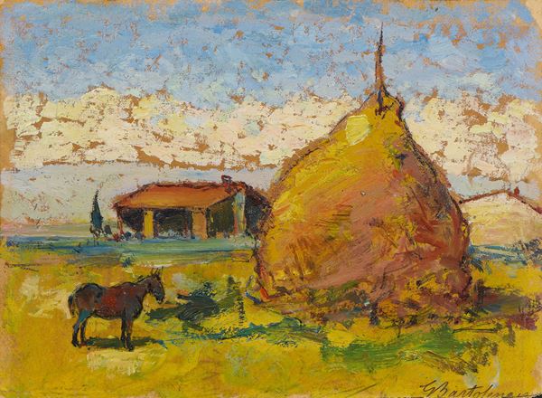 Giovanni Bartolena : In campagna  - Olio su cartone - Asta Dipinti e Sculture del XIX e XX secolo - Casa d'aste Farsettiarte