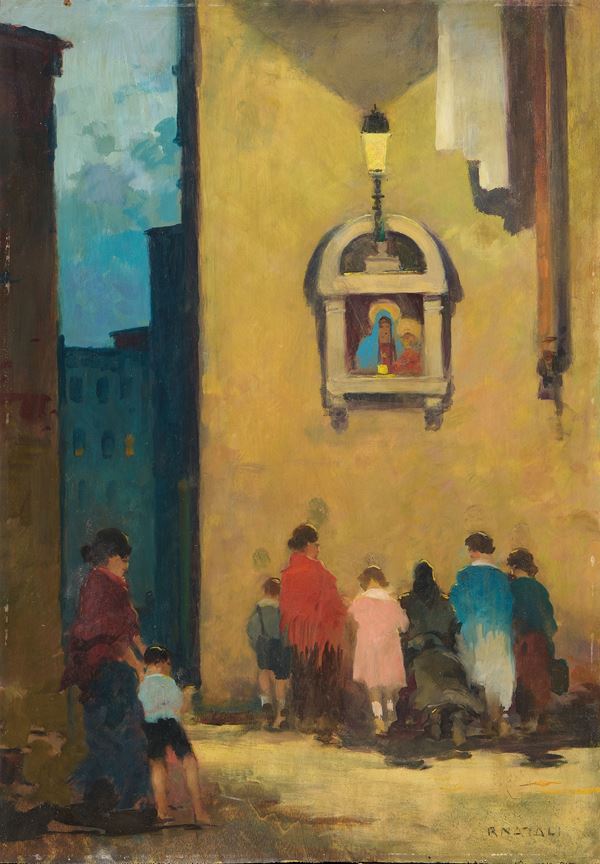 Renato Natali : Preghiera al tabernacolo  - Olio su compensato - Asta Dipinti e Sculture del XIX e XX secolo - Casa d'aste Farsettiarte