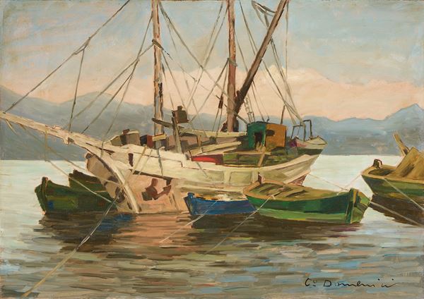 Carlo Domenici : Barche  - Olio su faesite - Asta Dipinti e Sculture del XIX e XX secolo - Casa d'aste Farsettiarte