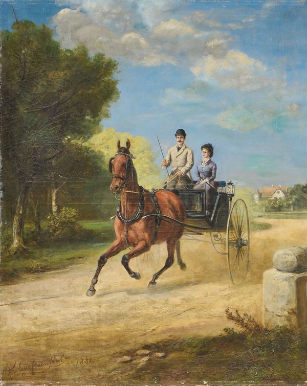 Ignoto del XIX secolo : In calesse  (1881)  - Olio su tela - Auction XIX and XX Century Paintings and Sculptures - Casa d'aste Farsettiarte