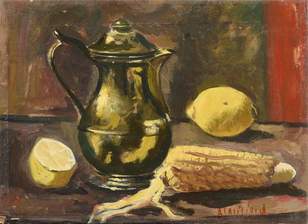 Alberto Caligiani : Natura morta (Bricco dorato con pannocchia e limoni)  - Olio su tela - Asta Dipinti e Sculture del XIX e XX secolo - Casa d'aste Farsettiarte