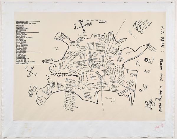 Nam June Paik : Fluxus Island in Décollage Ocean  (1962)  - Silkscreen su tela, ed. 3/3 - Auction Contemporary Art - Casa d'aste Farsettiarte