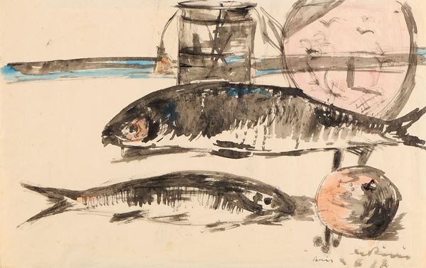 Filippo de Pisis : Pesci  (1927)  - Acquerello su carta - Asta Dipinti, Disegni, Sculture e Grafica - Casa d'aste Farsettiarte