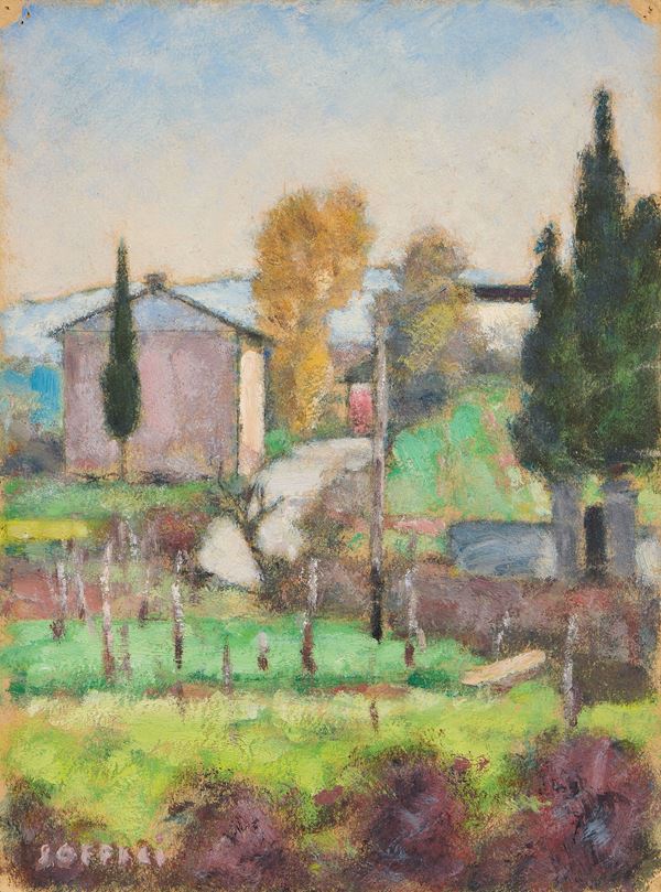 Ardengo Soffici : Paesaggio, casa del Berna  - Olio su cartoncino - Asta Arte Moderna - Casa d'aste Farsettiarte