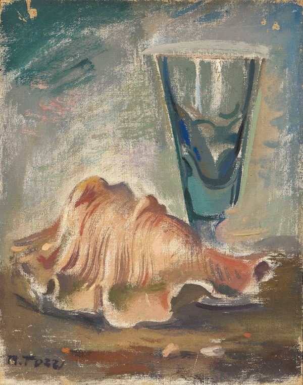 Mario Tozzi : Conchiglia e bicchiere sul tavolo  (1942)  - Olio su tela - Auction Paintings, Drawings, Sculpures and Multiples - Casa d'aste Farsettiarte