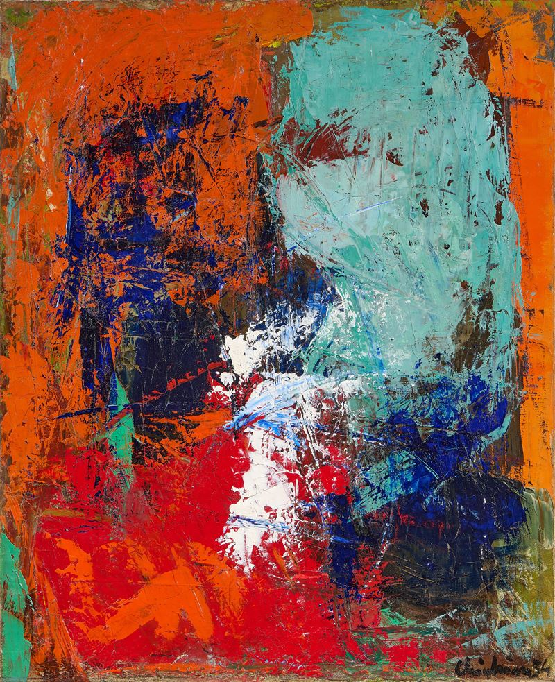 Figura celeste su fondo rosso