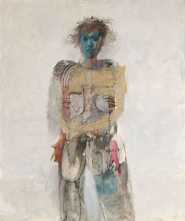 Milana Moriani : Figura e natura morta  (1990-95 ca.)  - Olio, collage e tecnica mista su tela tesa su tavola - Asta Dipinti, Disegni, Sculture e Grafica - Casa d'aste Farsettiarte