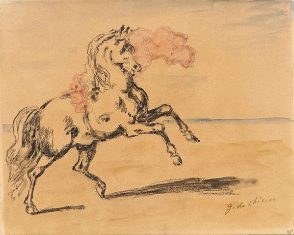 Giorgio de Chirico : Cavallo  (prima metà anni Sessanta)  - Matita e acquerello su cartoncino - Asta Arte Moderna - Casa d'aste Farsettiarte