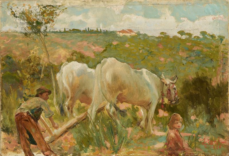 Cesare Ciani - Aratura, olio su tela (1906)