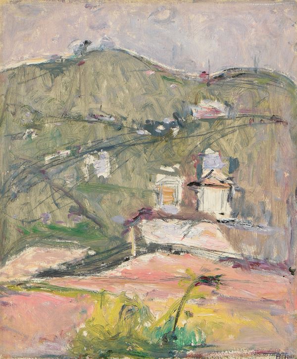 Arturo Tosi : Paesaggio (Montagne nel bergamasco)  (anni Cinquanta)  - Olio su compensato - Auction Paintings, Drawings, Sculpures and Multiples - Casa d'aste Farsettiarte