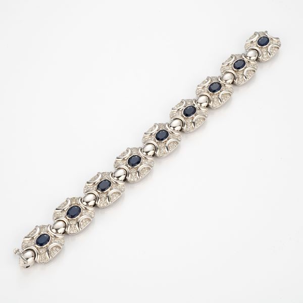 Bracciale a maglie ovali in oro bianco con zaffiri e diamanti