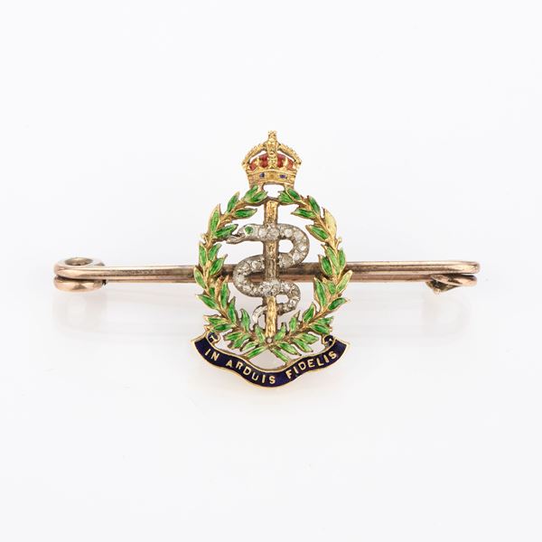 Spilla Regimental in oro, smalti e rose di diamante