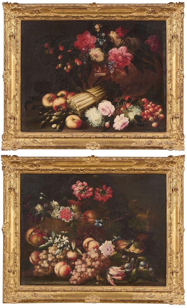 Scuola lombarda del XVII secolo - «Natura morta con asparagi e fiori» e «Natura morta con uva e frutta»