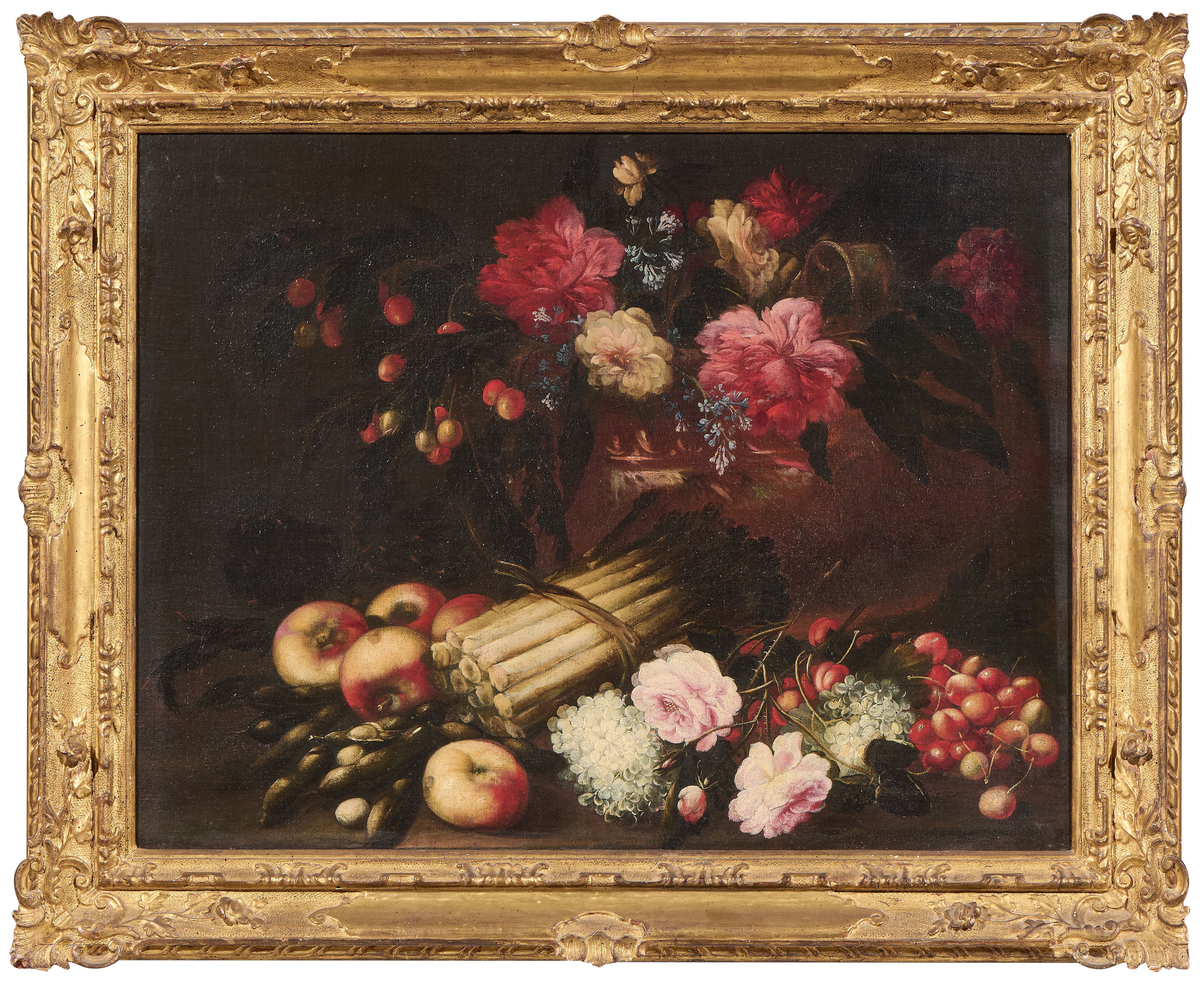 Scuola Lombarda del XVII Secolo - Ignoto, Natura morta con asparagi e fiori; ignoto, Natura morta...