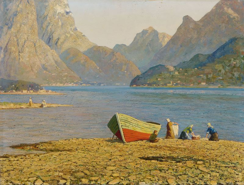 Angelo Pavan - Al lago, olio su compensato