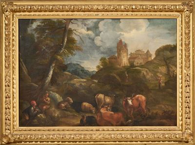 Paesaggio con torre, pastorelli e armenti, olio su tela