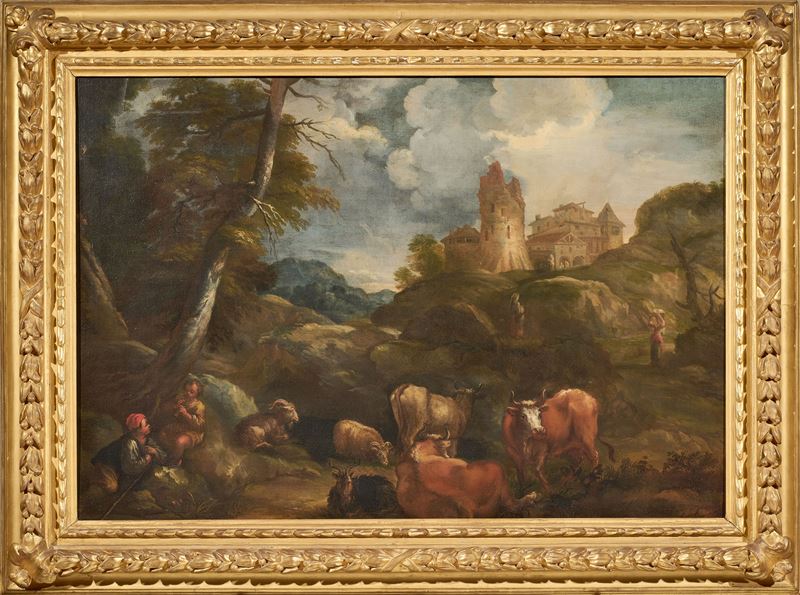 Scuola Romana del XVII Secolo - Paesaggio con torre, pastorelli e armenti, olio su tela