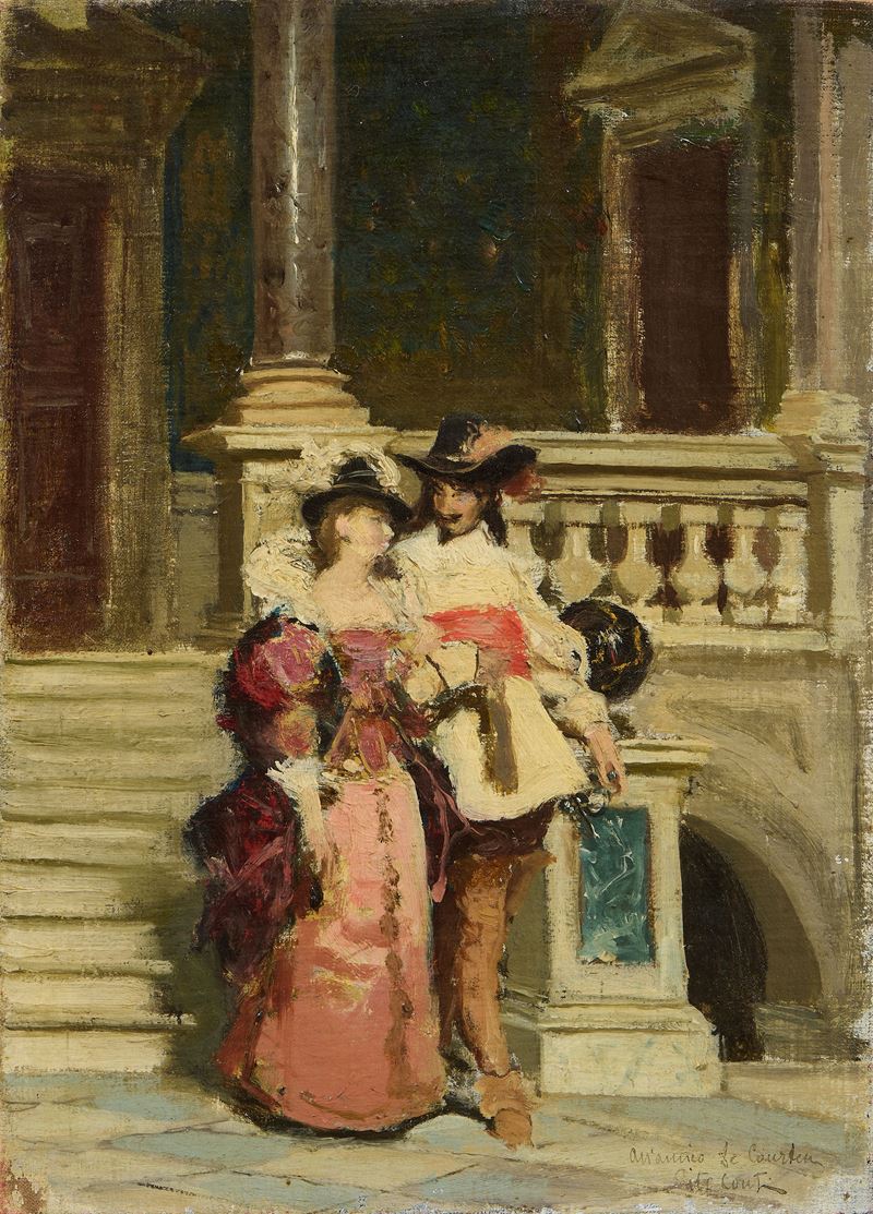 Tito Conti - Scena di corteggiamento, olio su tela
