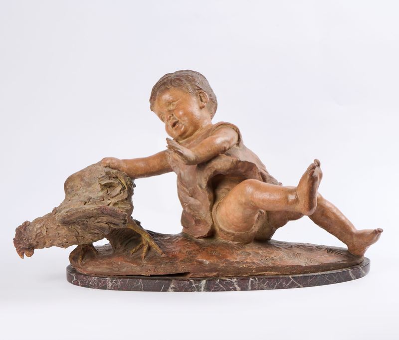 Adriano Cecioni - Bambino con gallo, scultura in terracotta (1869)