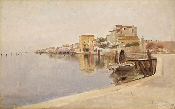Vincenzo Caprile : Laguna di Pellestrina  (1902)  - Olio su tavoletta - Asta Ottocento, Postmacchiaioli e Novecento - Asta a tempo - Casa d'aste Farsettiarte