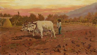 Al tramonto, olio su tavoletta