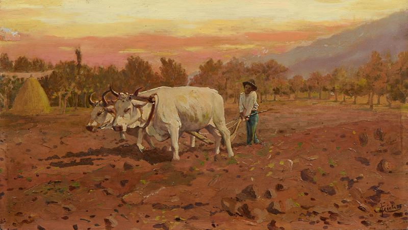Francesco Gioli - Al tramonto, olio su tavoletta