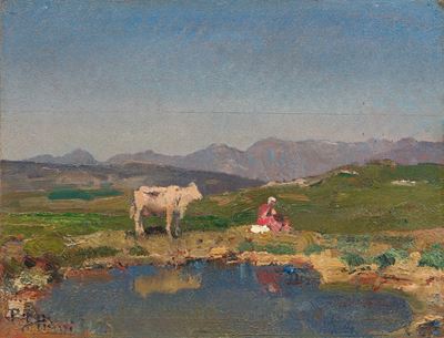 Mattino d’estate (Pascolo in montagna), olio su tavoletta