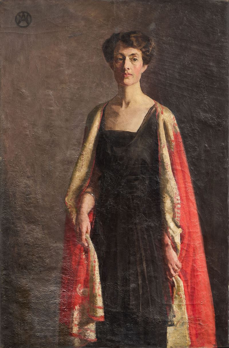 Ignoto del XIX Secolo - Ritratto di donna con mantello rosso, olio su tela