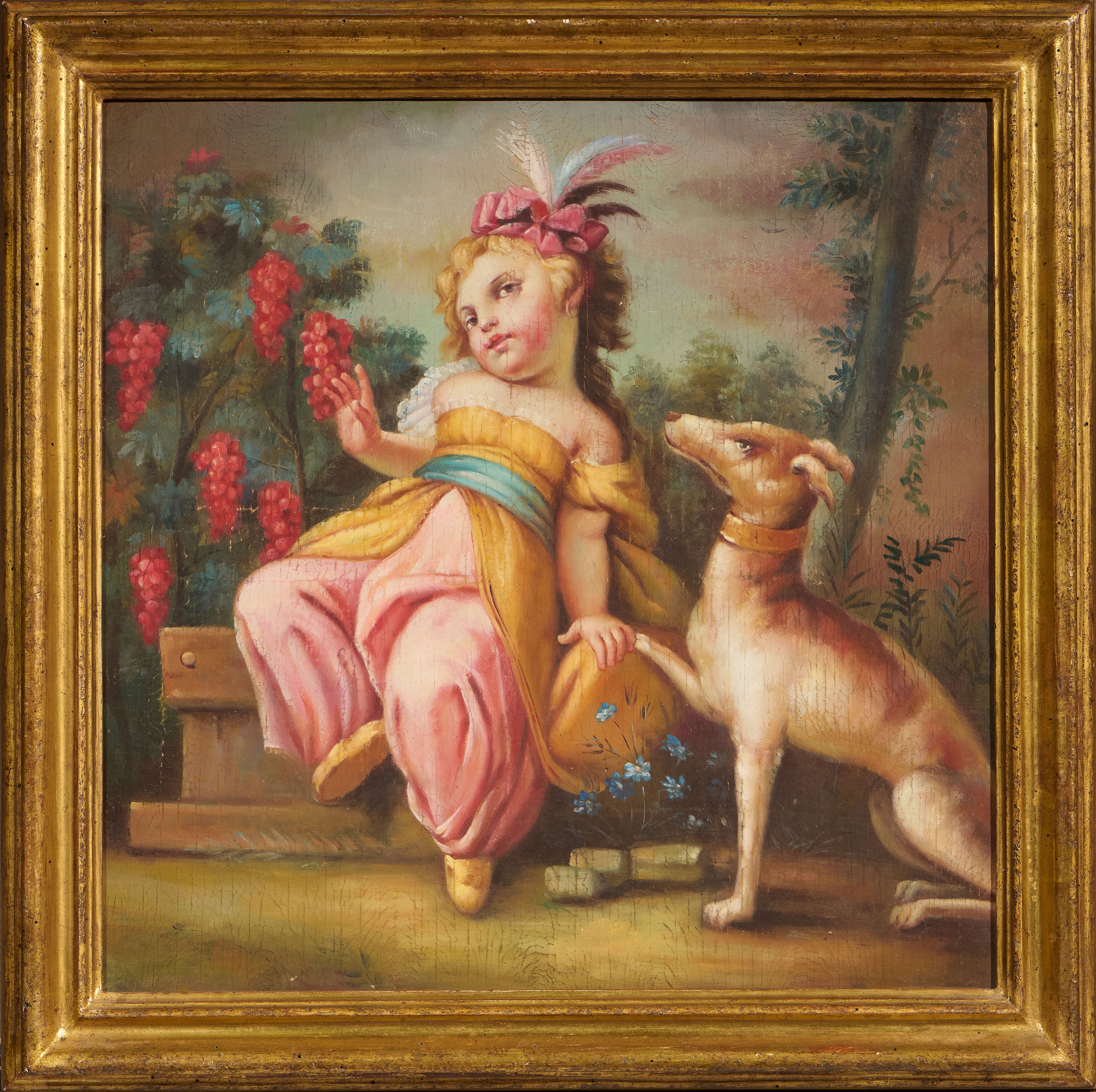 Michele Antonio Rapous (attr. A) - Contadinella che nutre i pulcini e Bambina con levriero, olio ...